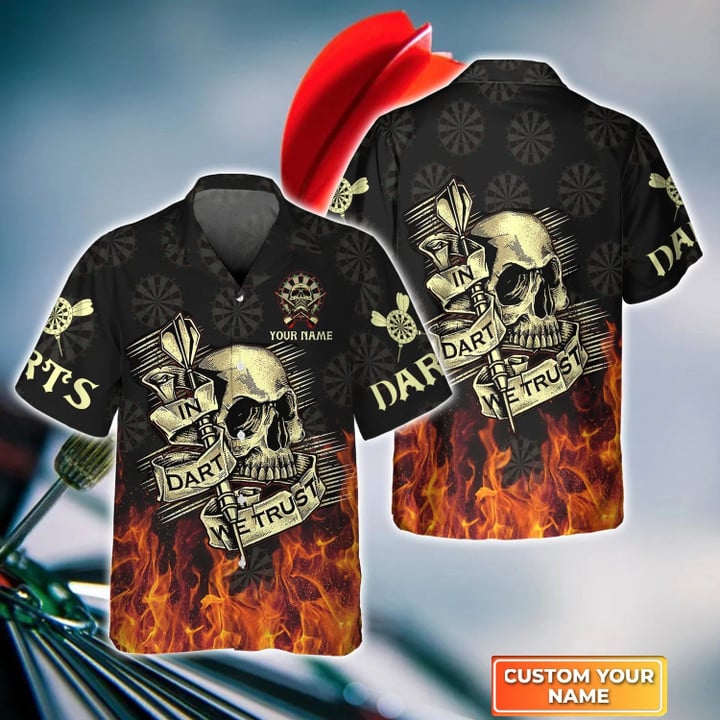 Darts Skull Personalized Name 3D Hawaiian Shirt For Darts Player, Dart Shirt, Skull Shirt HO4203