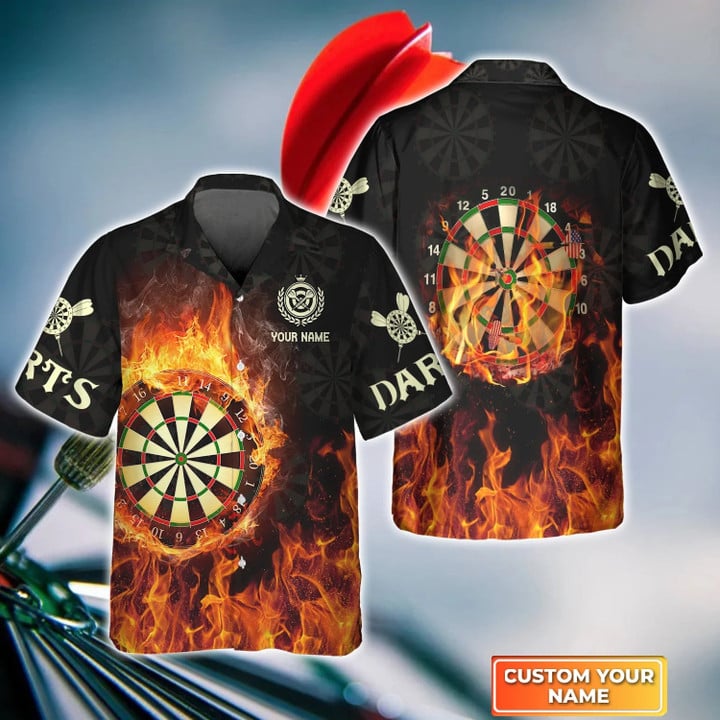 Darts On Fire Personalized Name 3D Hawaiian Shirt, Gift For Darts player, Dart Hawaiian Shirt HO0020