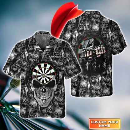 Darts Skull Personalized Name 3D Hawaiian Shirt For Darts Player, Dart Shirt, Skull Shirt HO4203