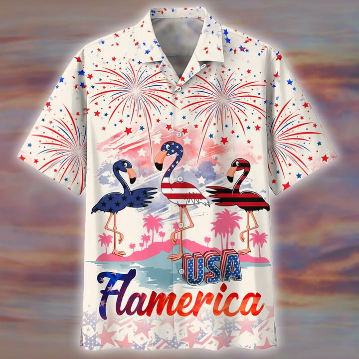 3D All Over Print Flamingo and Firework Pattern Independence Hawaiian Shirt HO3983