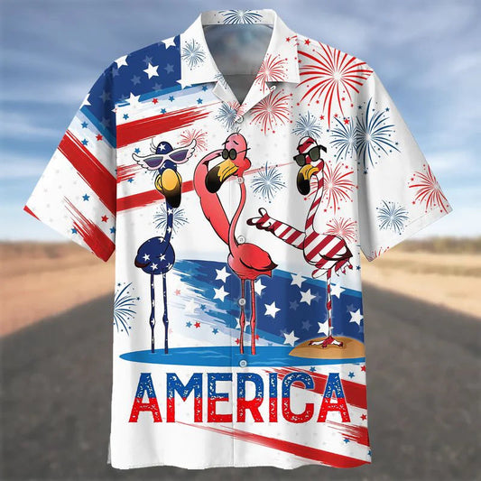 Happy Independence Day Flamingo All Printed 3D Hawaiian Shirt, 4th 7 Flamingo Hawaii Shirt HO3990