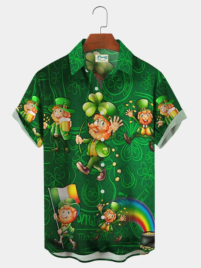 St. Patrick's Day Green Shamrock Dinosaur Fun Print Hawaiian Shirt Plus Size Vacation Shirt PO0144