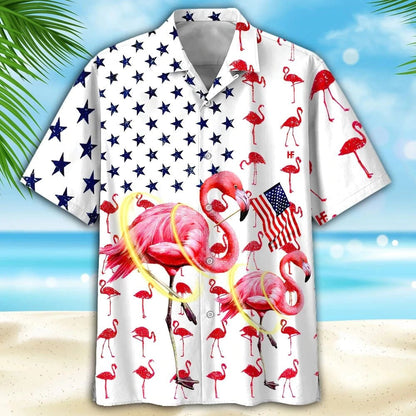 Beautiful Flamingo Hawaiian Shirt Full Printed, Flamingo American Flag Happy 4Th Of Jul Hawaii Shirts HO4795