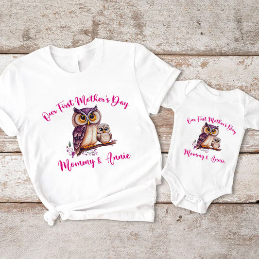 White Matching Set For Mom And Baby With Cute Owl, Owl Matching Shirt And Onesie For Mom And Baby, Gift For New Mom from Husband MI0234