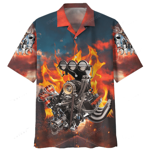 Hot Rod Hawaiian Shirt Hot Rod Engine Fire Red Blue Brown Hawaii Aloha Shirt HO3429