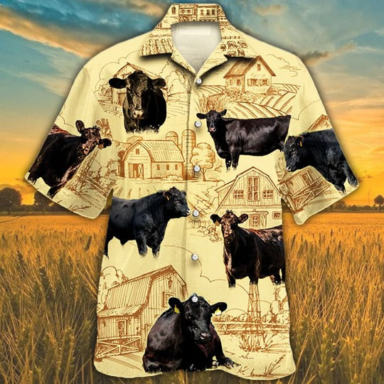 Black Angus Cattle Lovers Farm Hawaiian Shirt, Unisex Print Aloha Short Sleeve Casual Shirt, Cow Hawaiian Shirt HO5049