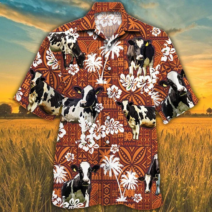 Holstein Friesian Cattle Lovers Red Tribal Hawaiian Shirt, Unisex Print Aloha Short Sleeve Casual Shirt HO5119