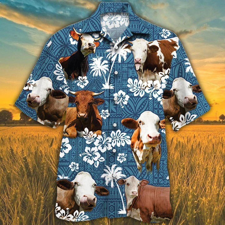 Simmental Cattle Lovers Blue Tribal Pattern Hawaiian Shirt, Unisex Print Aloha Short Sleeve Casual Shirt HO5118