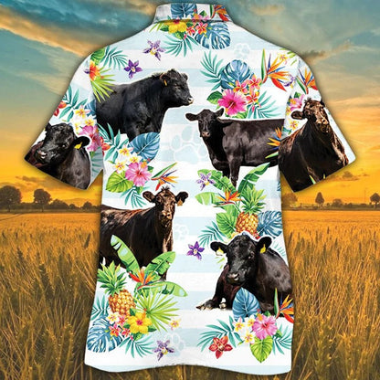 Black Angus Cattle Lovers Tropical Flower Hawaiian Shirt, Cow Aloha Short Sleeve Casual Hawaiian Shirt HO0022