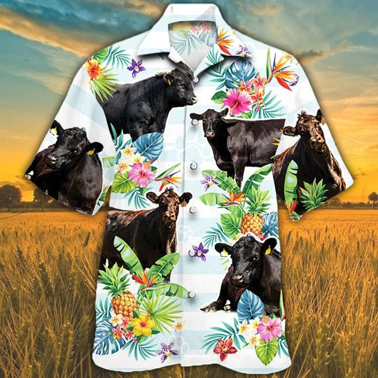 Black Angus Cattle Lovers Tropical Flower Hawaiian Shirt, Cow Aloha Short Sleeve Casual Hawaiian Shirt HO0022