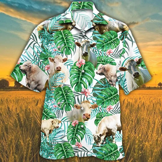 Charolais Cattle Lovers Tropical Plant Hawaiian Shirt, Unisex Print Aloha Short Sleeve Casual Shirt HO5109