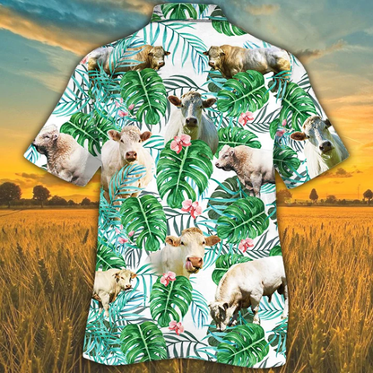 Hawaiian shirt for men, Charolais Cattle Lovers Tropical Plant Hawaiian Shirt, Cow Hawaiian shirt HO2569