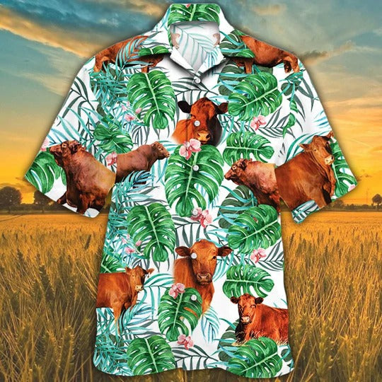 Red Angus Cattle Lovers Tropical Plant Hawaiian Shirt, Unisex Print Aloha Short Sleeve Casual Shirt HO5111