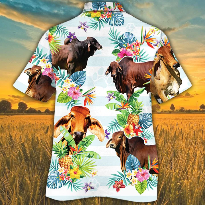 Red Brahman Cattle Lovers Tropical Flower Hawaiian Shirt, Cow Summer Hawaiian Shirt HO2550