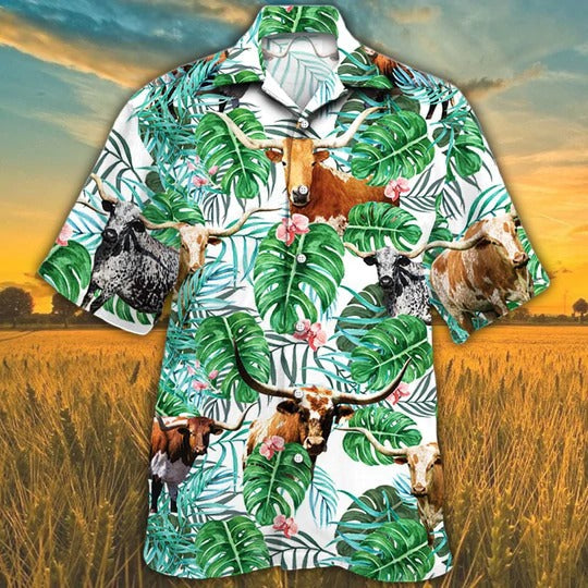 Tx Longhorn Cattle Lovers Tropical Plant Hawaiian Shirt, Unisex Print Aloha Short Sleeve Casual Shirt HO5108