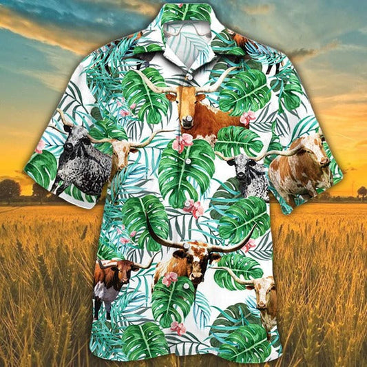 Tx Longhorn Cattle Lovers Tropical Plant Hawaiian Shirt, Unisex Print Aloha Short Sleeve Casual Shirt HO5108