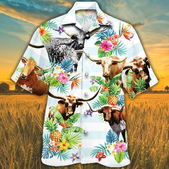 Tx Longhorn Cattle Lovers Tropical Flower Hawaiian Shirt, Unisex Print Aloha Short Sleeve Casual Shirt HO5112