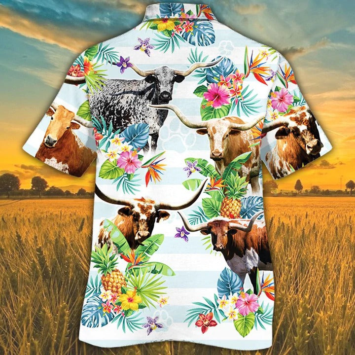 Tx Longhorn Cattle Lovers Tropical Flower Hawaiian Shirt, Unisex Print Aloha Short Sleeve Casual Shirt HO5112