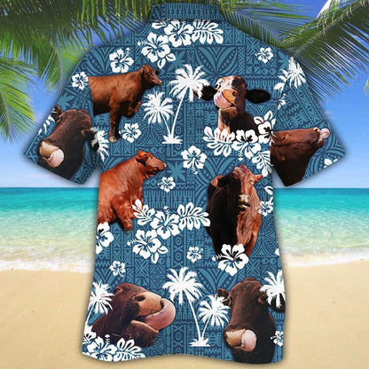 Santa Gertrudis Cattle Lovers Blue Tribal Pattern Hawaiian Shirt, Unisex Print Aloha Short Sleeve Casual Shirt HO5114