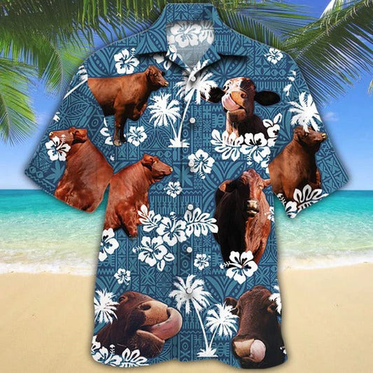 Santa Gertrudis Cattle Lovers Blue Tribal Pattern Hawaiian Shirt, Unisex Print Aloha Short Sleeve Casual Shirt HO5114