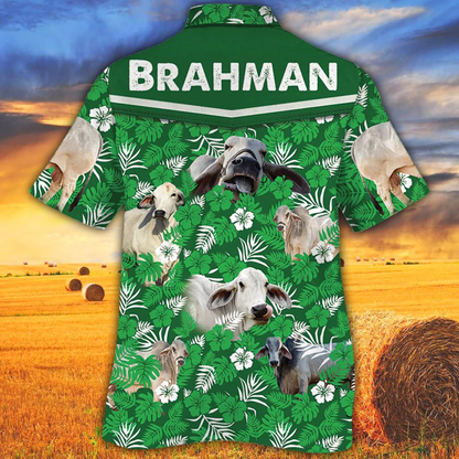 Cow Tropical Cow Men Hawaiian Shirts - Brahman Cattle Lovers Green Floral Pattern Hawaiian Shirt HO2547