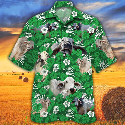 Cow Tropical Cow Men Hawaiian Shirts - Brahman Cattle Lovers Green Floral Pattern Hawaiian Shirt HO2547