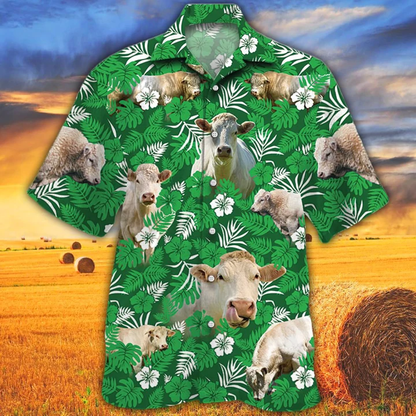 Cow Hawaiian Shirts for Men Women - Charolais Cattle Lovers Green Floral Pattern Hawaiian Shirt HO2546