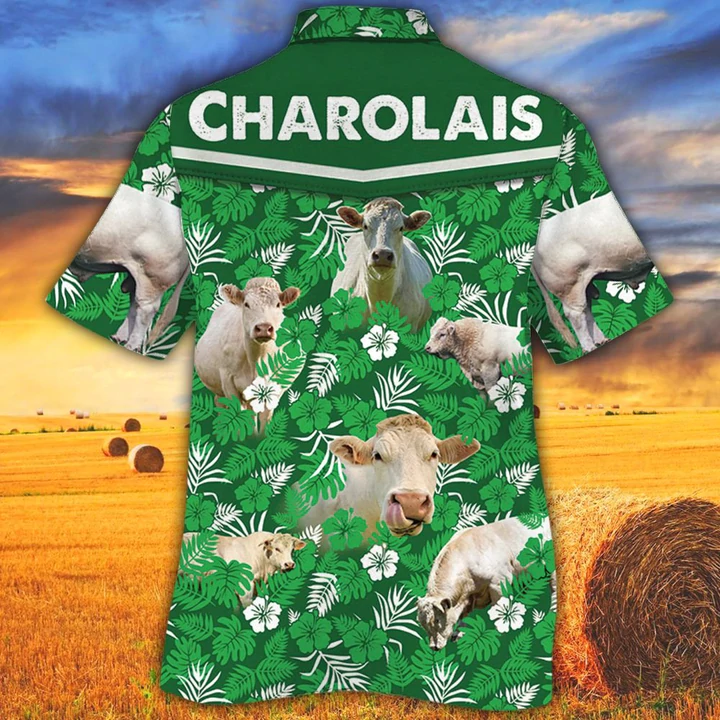 Cow Hawaiian Shirts for Men Women - Charolais Cattle Lovers Green Floral Pattern Hawaiian Shirt HO2546