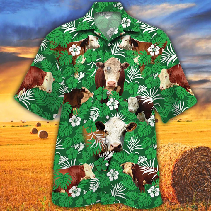 Cow Hawaiian Shirts for Men women - Hereford Cattle Lovers Green Floral Pattern Hawaiian Shirt HO2543