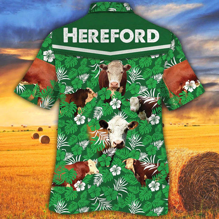 Cow Hawaiian Shirts for Men women - Hereford Cattle Lovers Green Floral Pattern Hawaiian Shirt HO2543