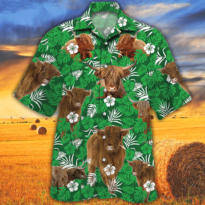 Cow Hawaiian shirts for men, women - Highland Cattle Lovers Green Floral Pattern Hawaiian Shirt HO2548