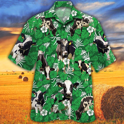 Cow Lovers Farm Cattle Mens Hawaiian Shirt - Holstein Friesian Cattle Lovers Green Floral Pattern Hawaiian Shirt HO2545