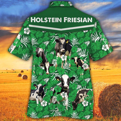 Cow Lovers Farm Cattle Mens Hawaiian Shirt - Holstein Friesian Cattle Lovers Green Floral Pattern Hawaiian Shirt HO2545