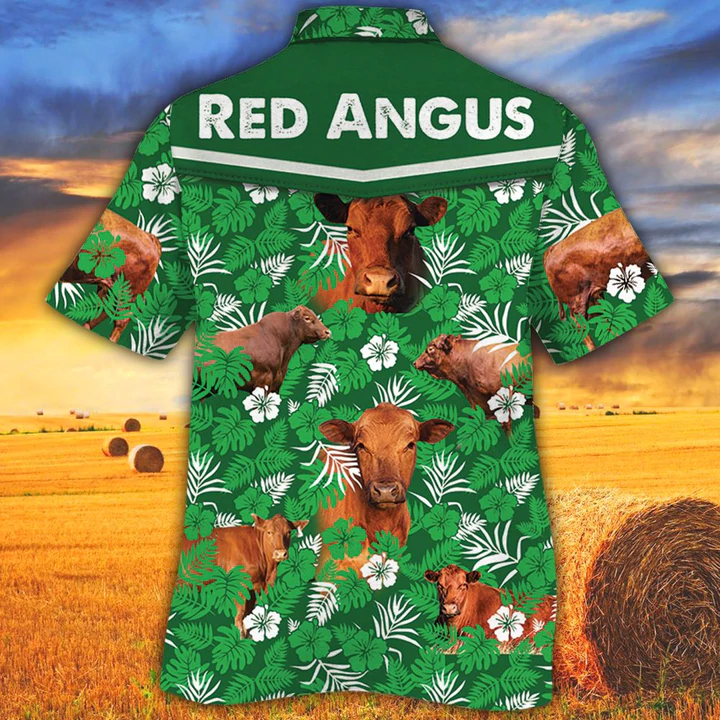 Cow Hawaiian Shirts for Men women - Vintage Farm Hawaiian Shirts, Red Angus Cattle Lovers Green Floral Pattern Hawaiian Shirt HO2542