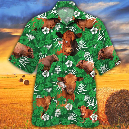 Cow Hawaiian Shirts for Men women - Vintage Farm Hawaiian Shirts, Red Angus Cattle Lovers Green Floral Pattern Hawaiian Shirt HO2542