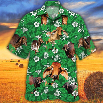 Cow men's Hawaiian shirt - Vintage Farm Hawaiian Shirts, Red Brahman Cattle Lovers Green Floral Pattern Hawaiian Shirt HO2541