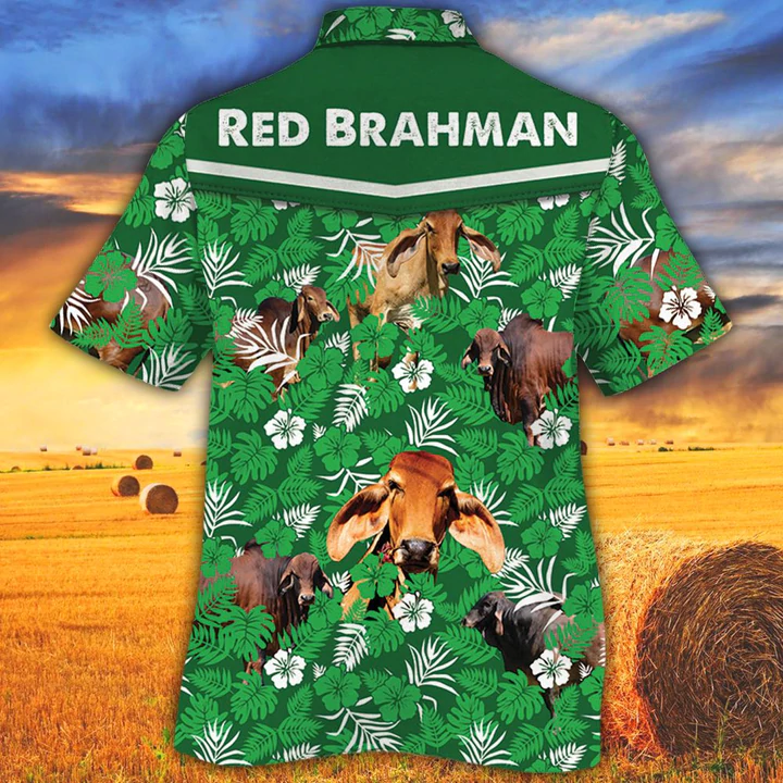 Cow men's Hawaiian shirt - Vintage Farm Hawaiian Shirts, Red Brahman Cattle Lovers Green Floral Pattern Hawaiian Shirt HO2541