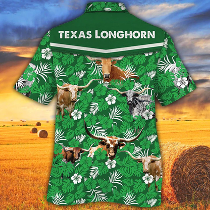 Tx Longhorn Cattle Lovers Green Floral Pattern Hawaiian Shirt, Cow men's Hawaiian shirt - Vintage Farm Hawaiian Shirts HO2540