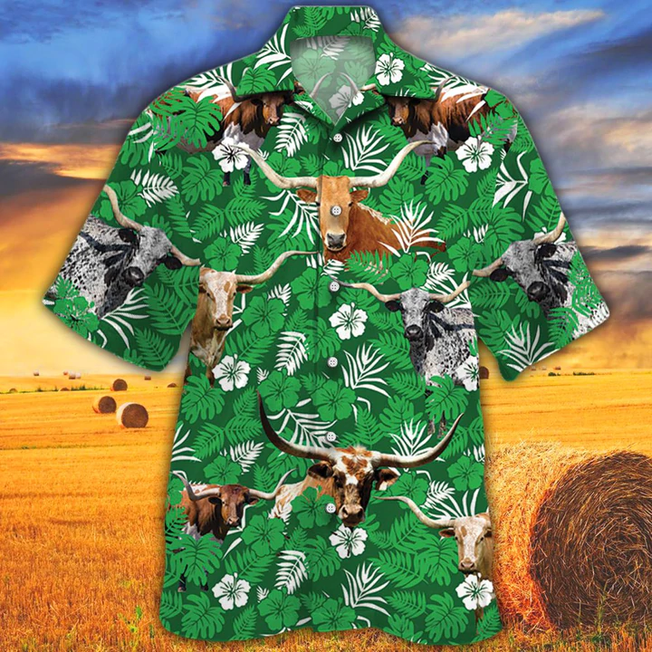 Tx Longhorn Cattle Lovers Green Floral Pattern Hawaiian Shirt, Cow men's Hawaiian shirt - Vintage Farm Hawaiian Shirts HO2540