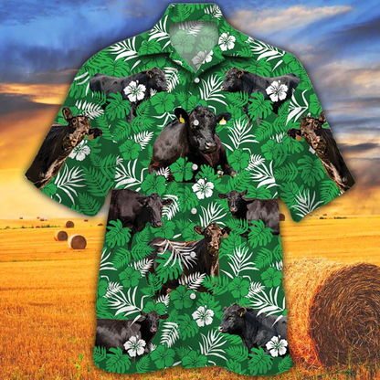 Cow Lover Hawaiian Shirts for Men women - Black Angus Cattle Lovers Green Floral Pattern Hawaiian Shirt HO2544