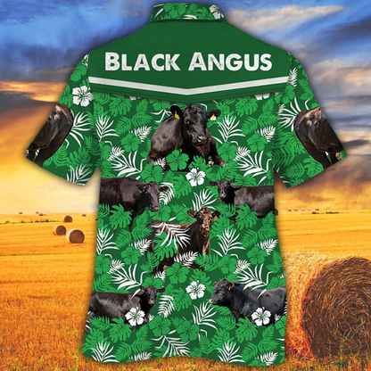 Cow Lover Hawaiian Shirts for Men women - Black Angus Cattle Lovers Green Floral Pattern Hawaiian Shirt HO2544