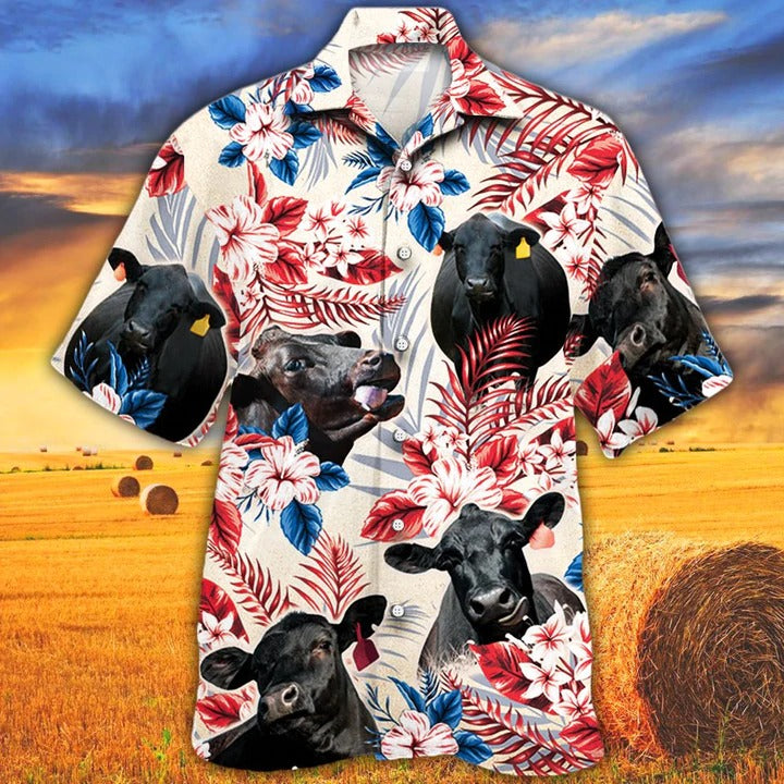 Black Angus Cattle Lovers Texas Flag Hawaiian Shirt, Unisex Print Aloha Short Sleeve Casual Shirt HO0145