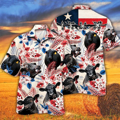 Black Angus Cattle Lovers Texas Flag Hawaiian Shirt, Unisex Print Aloha Short Sleeve Casual Shirt HO0145