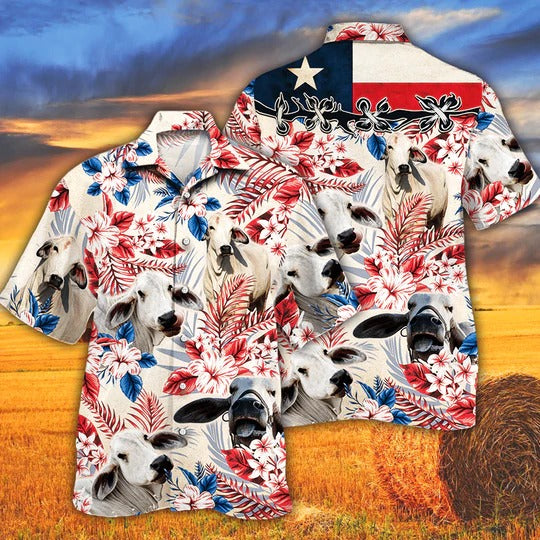 Brahman Cattle Lovers Texas Flag Hawaiian Shirt, Unisex Print Aloha Short Sleeve Casual Shirt HO5106