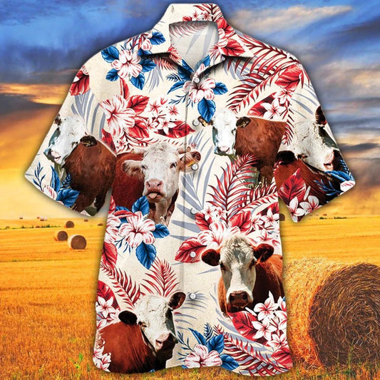 Hereford Cattle Lovers American Flag Hawaiian Shirt, Unisex Print Aloha Short Sleeve Casual Shirt HO5105