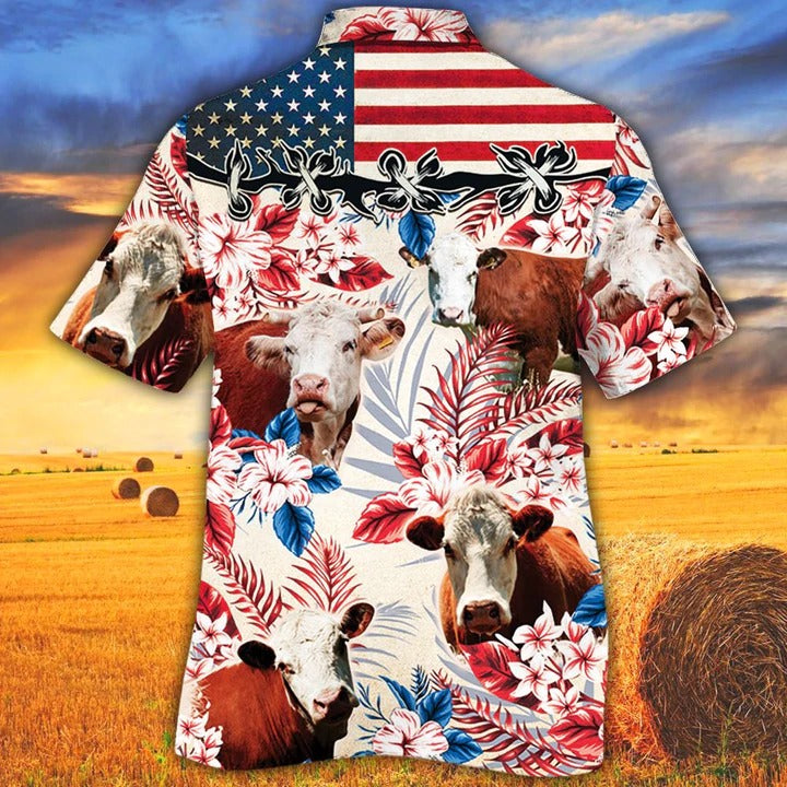 Hereford Cattle Lovers American Flag Hawaiian Shirt, Unisex Print Aloha Short Sleeve Casual Shirt HO5105