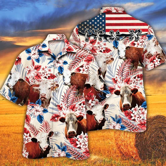 Hereford Cattle Lovers American Flag Hawaiian Shirt, Unisex Print Aloha Short Sleeve Casual Shirt HO5105