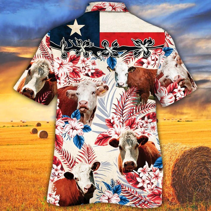 Hereford Cattle Lovers Texas Flag Hawaiian Shirt, Unisex Print Aloha Short Sleeve Casual Shirt HO5104