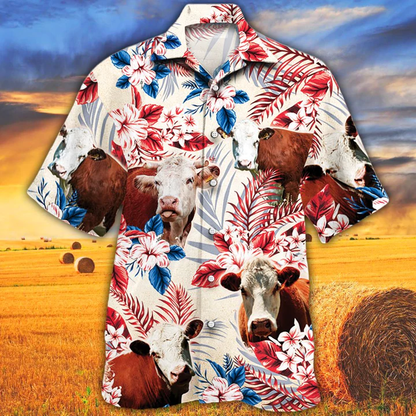 Hereford Cattle Lovers American Flag Hawaiian Shirt, Cow Flower aloha shirt, Hawaiian shirt Men, Women HO2608