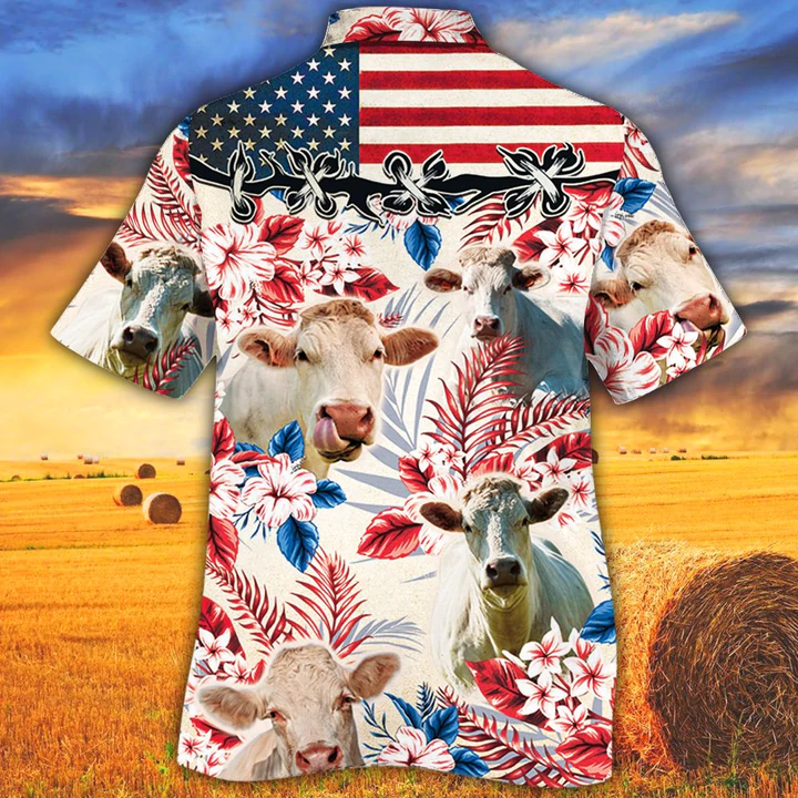 Charolais Cattle Lovers American Flag Hawaiian Shirt, Cow Flower aloha Hawaiian shirt, Cow Hawaiian shirt vintage, Hawaiian shirt men HO2610